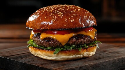 A large hamburger with cheese and ketchup on a wooden table. The burger is the main focus of the image, and it is a delicious and satisfying meal. The wooden table adds a rustic