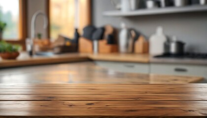 Kitchen wood table top for product display with blurred modern interior. Wooden tabletop over defocused kitchen background. kitchen furniture and desk space. product promotion in the kitchen