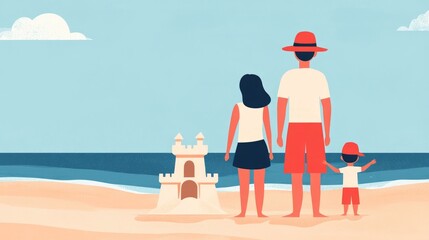 Flat design of a happy family spending a carefree and fun filled day at the beach building sandcastles and enjoying the coastal scenery