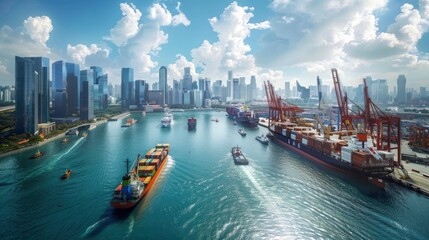 Fototapeta premium Cargo Ships Enter The Busiest Port In Singapore, A Vibrant Hub Of Activity