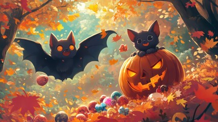 Fototapeta premium Images of witches, black cats, pumpkins, ghosts, cute cartoon characters, and candies that represent Halloween to use in card designs or media related to this day.