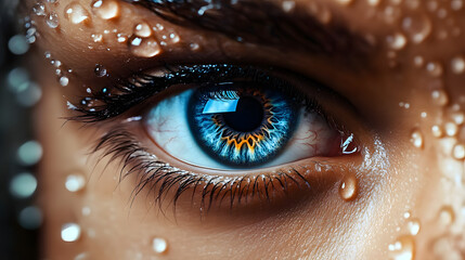  a woman's eye with a few water droplets in the foreground