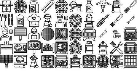 A Collection Of Grill Icons Web Header Banner Design Containing Barbecue,Cooking,Grill,Bbq,Food Stroke Icon Collection. Vector Illustration