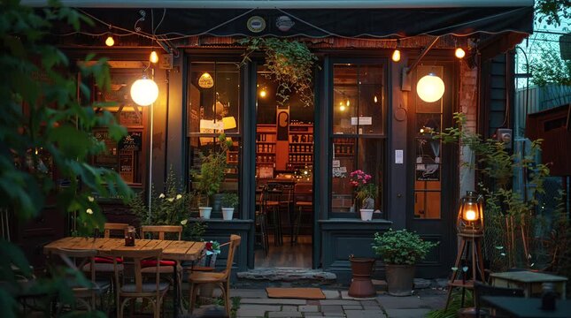  Charming glowing storefront illuminated at night, creating a warm and inviting ambiance in a bustling urban setting
 Seamless looping 4k time-lapse virtual video animation Generated AI
