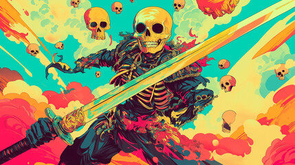 Japanese oni skulls and synthwave katana swords