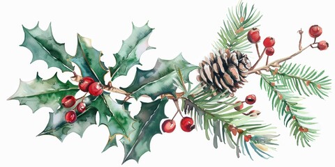 Fototapeta premium Holly Berry Christmas Decoration: Watercolor Hand Drawn Illustration of Holly Berry with Pine Cone and Branch