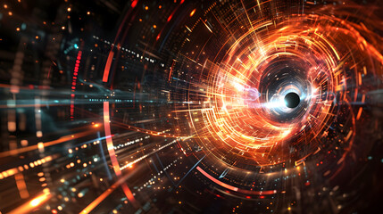 Obraz premium Abstract 3D Black Hole Digital Art with Glowing Orange and Red Lights