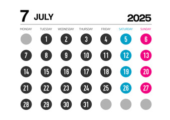 2025年の7月のカレンダー月曜始まりで日本の祝日表記無し