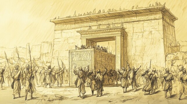 Biblical Illustration of The Ark in Ashdod and Ekron: Philistines Carrying the Ark of the Covenant into the Temple of Dagon in Ashdod, Beige Background, Faith, Idolatry, Old Testament