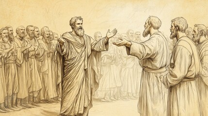 Biblical Illustration of Saul Anointed King: Samuel Publicly Presents Saul as King to People, Crowd Reacts in Awe and Approval, Beige Background, Faith, Leadership, Old Testament