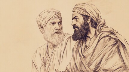 Fototapeta premium Biblical Illustration of Saul Chosen as King: Saul and Servant Decide to Visit Seer (Samuel) in Ramah for Guidance, Beige Background, Faith, Guidance, Old Testament