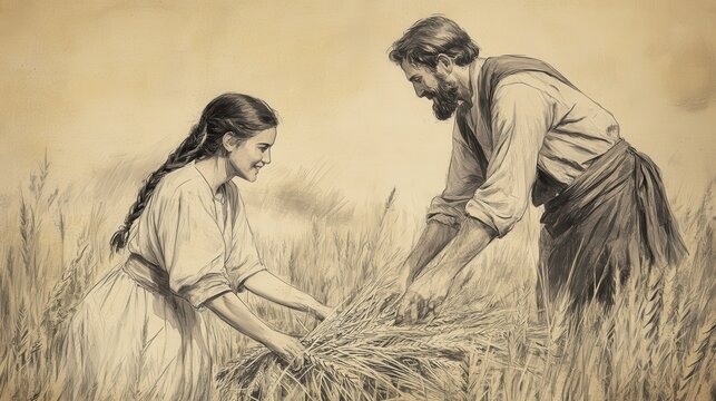 Biblical Illustration of Ruth Meets Boaz: Ruth Working Diligently in the Field, Boaz Observing from a Distance, Beige Background, Faith, Dedication, Old Testament Story