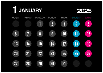 2025年の1月のカレンダー月曜始まりで日本の祝日表記無し