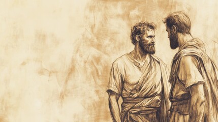 Fototapeta premium Biblical Illustration of Achish Trusting David, Believing He Has Made Himself an Enemy of Israel Permanently, Bible Wall Art with Beige Background