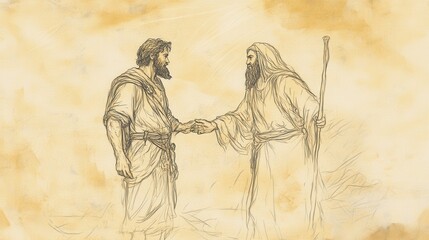 Obraz premium Biblical Illustration of Jonathan Secretly Meeting David in the Wilderness, Strengthening His Faith in God, Bible Wall Art with Beige Background