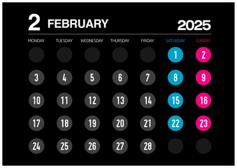 2025年の2月のカレンダー月曜始まりで日本の祝日表記無し