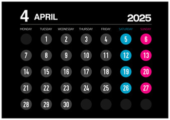 2025年の4月のカレンダー月曜始まりで日本の祝日表記無し