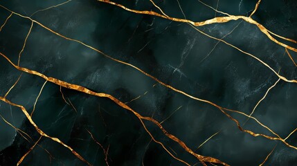 Dark abstract marble texture featuring deep green and black, interwoven with striking gold veins. An opulent look for high-end projects