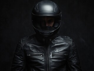 Portrait of man in black motorcycle jacket and helmet on dark backdrop for biker photography