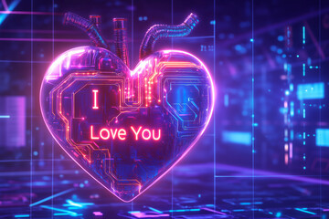 A futuristic card featuring a sleek, metallic heart with glowing neon circuits running through it. The background is a holographic grid pattern with a digital font spelling out "I Love You" in binary
