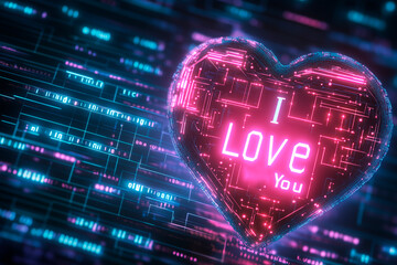 A futuristic card featuring a sleek, metallic heart with glowing neon circuits running through it. The background is a holographic grid pattern with a digital font spelling out "I Love You" in binary