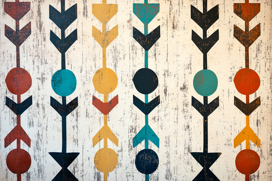 A flat, painted pattern of stylized arrows and dots on white paper in the style of ancient Egyptian hieroglyphs. The simple yet intricate design features geometric shapes with shades of blue, brown, g