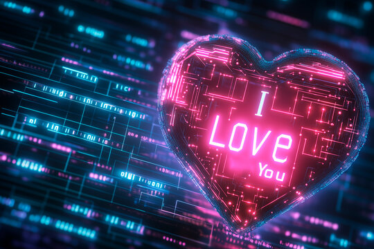 A futuristic card featuring a sleek, metallic heart with glowing neon circuits running through it. The background is a holographic grid pattern with a digital font spelling out "I Love You" in binary