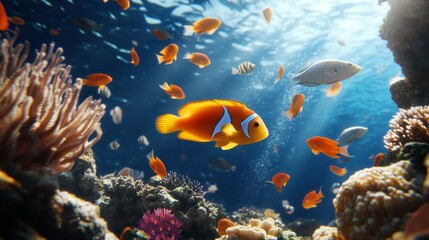 Naklejka premium Dynamic underwater scene of a coral reef teeming with exotic fish, eels, and sea anemones, capturing the essence of a thriving ocean ecosystem