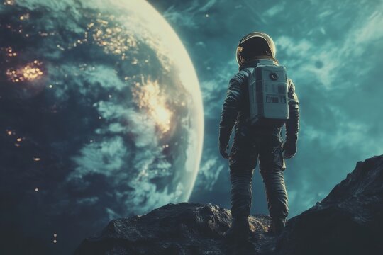Exploring the human in space concept with a spaceman and planet in a captivating photography shot