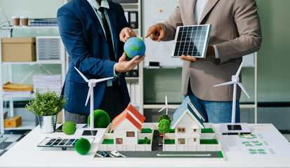 business team people planning and discussing on recycle reduce reuse policy symbol in office meeting room