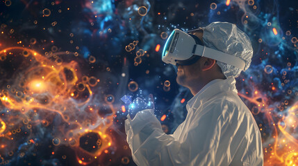 Fototapeta premium Scientist Wearing VR Headset Interacting with Holographic Interface - Illustration