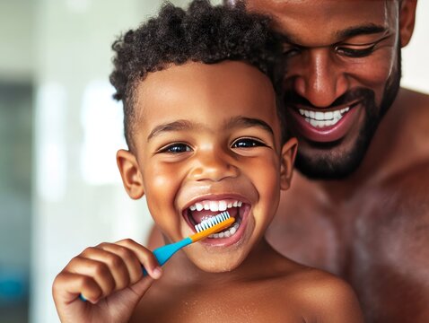 Father helping young son with morning toothbrushing routine before attending preschool
