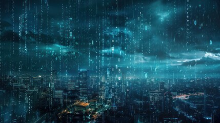 Nighttime Cityscape with Digital Rain and Binary Code