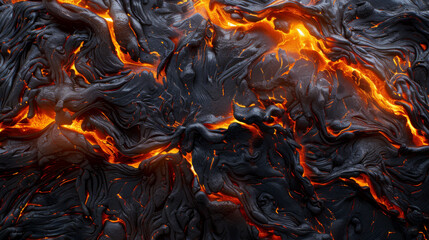 Molten lava is flowing from an erupting volcano creating abstract patterns