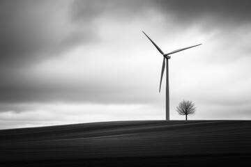 Obraz premium Solitary Wind Turbine in Monochrome, sustainable energy solutions, green technology, environmental harmony, renewable resources, ecological balance, climate action, nature and innovation, clean energy