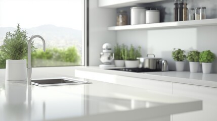 Clean white kitchen countertop in modern kitchen