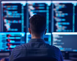A programmer working on multiple screens filled with code, showcasing the modern world of software development and technology.