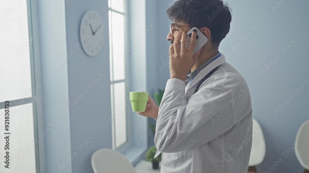 Sticker a man in medical attire talks on a smartphone in a bright hospital corridor while holding a cup.