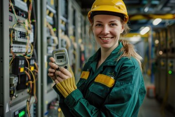 Smiling Woman Electrician in Work Uniform Holding Electrical Device in Industrial Setting for Technical Projects