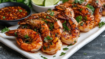 Grilled Thai prawns with chili lime sauce on a white plate