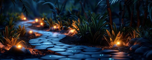 Fototapeta premium A serene night scene of a softly lit pathway through lush greenery, evoking tranquility and a magical atmosphere.