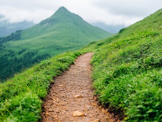 Obraz premium A serene mountain path winding through lush greenery, inviting nature lovers to explore its tranquil beauty.