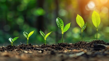Fototapeta premium Five Small Green Plants Growing in Soil with Sunlit Background