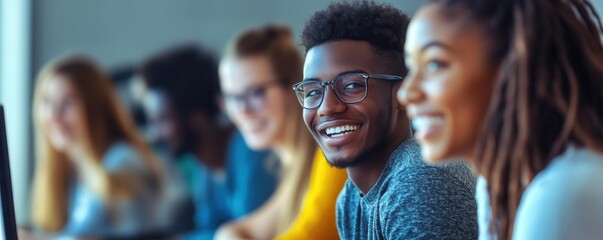 A diverse group of students engaging in a collaborative learning environment with smiles and enthusiasm, showcasing teamwork.