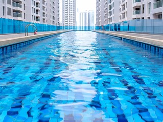 Obraz premium A serene swimming pool with clear blue water, surrounded by modern buildings, perfect for relaxation and leisure.