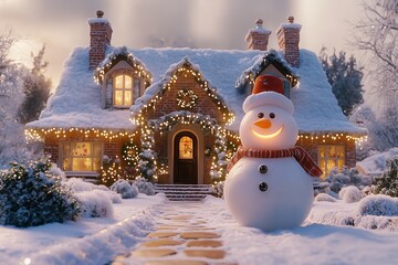 Obraz premium A charming, snow-covered cottage adorned with festive Christmas lights, creating a warm and inviting atmosphere. 