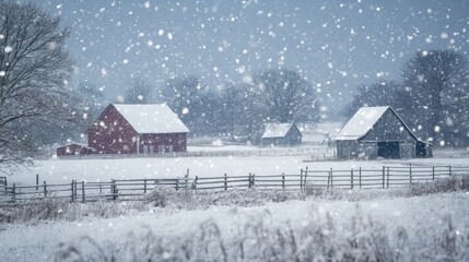 Fototapeta premium Snow falling on a quiet farm with snow-covered barns and fields