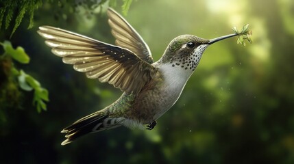 Fototapeta premium A Hummingbird in Flight with a Flower in its Beak