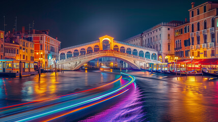 Fototapeta premium The Venice Rialto Bridge at night with illuminated buildings and colorful boat trails