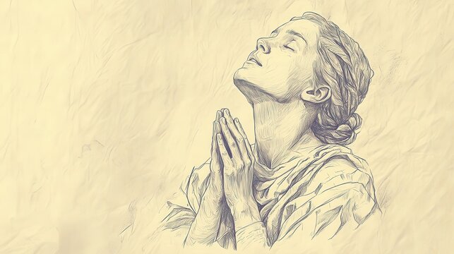 Biblical Illustration of Hannah's Prayer and Samuel's Service: Hannah Speaking of God's Justice, Lifting Up the Lowly and Bringing Down the Proud, Beige Background, Faith, Justice, Old Testament